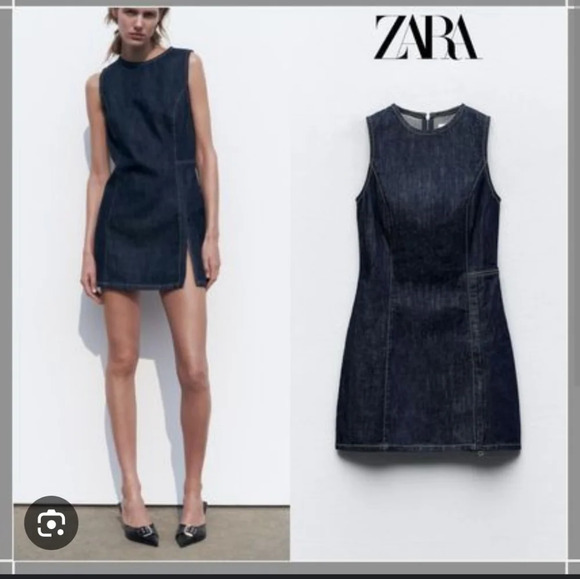 Zara denim dark indigo rounded neck open side slit mini dress - Picture 2 of 3